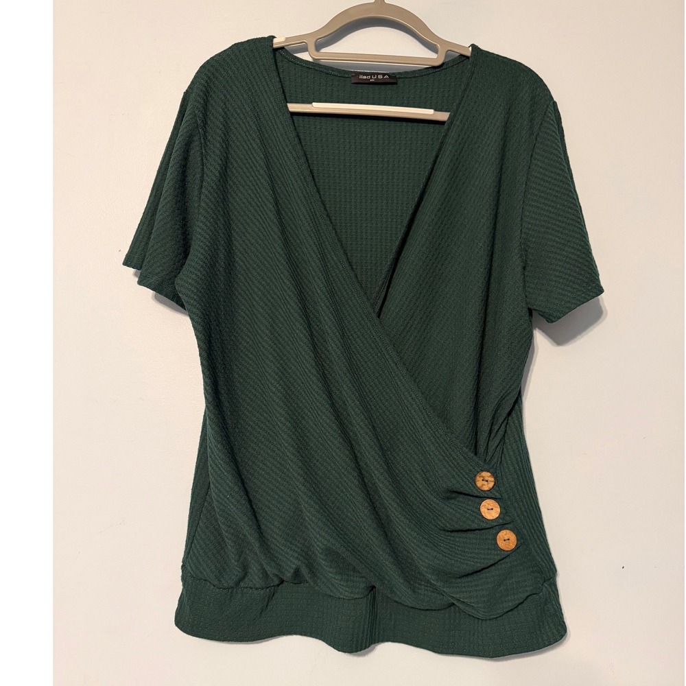Iliad USA 2XL Dark Green Waffle Knit Wrap Top Short Sleeve V-Neck 2022
